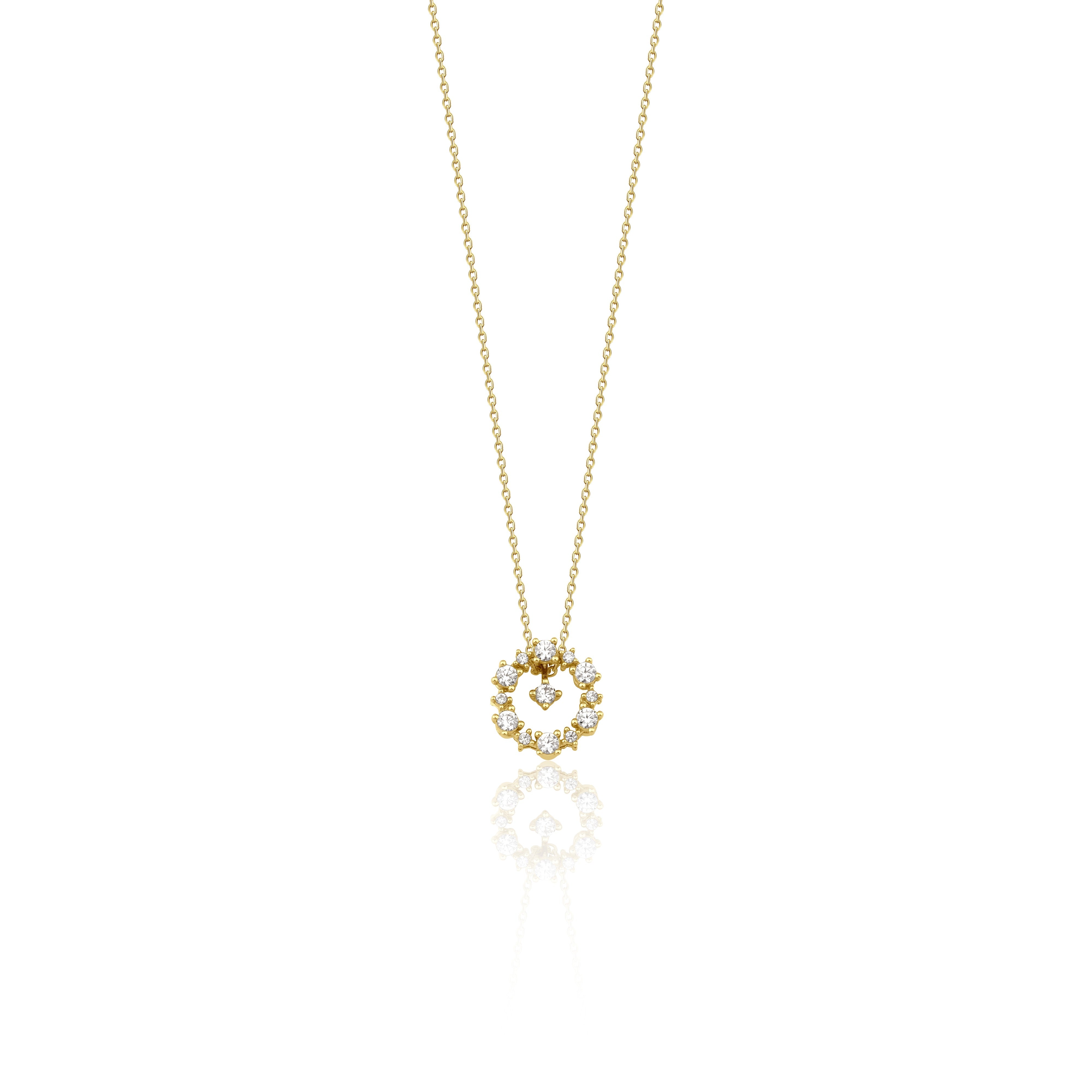 Yellow gold circle pendant necklace with White CZ stones on white background