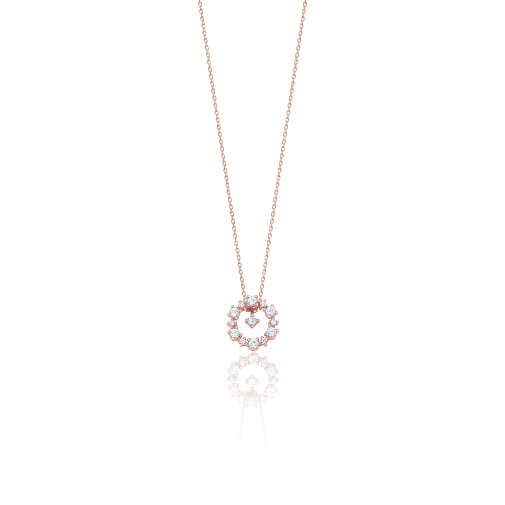 Rose gold circle pendant necklace with White CZ stones on white background