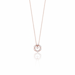 Rose gold circle pendant necklace with White CZ stones on white background