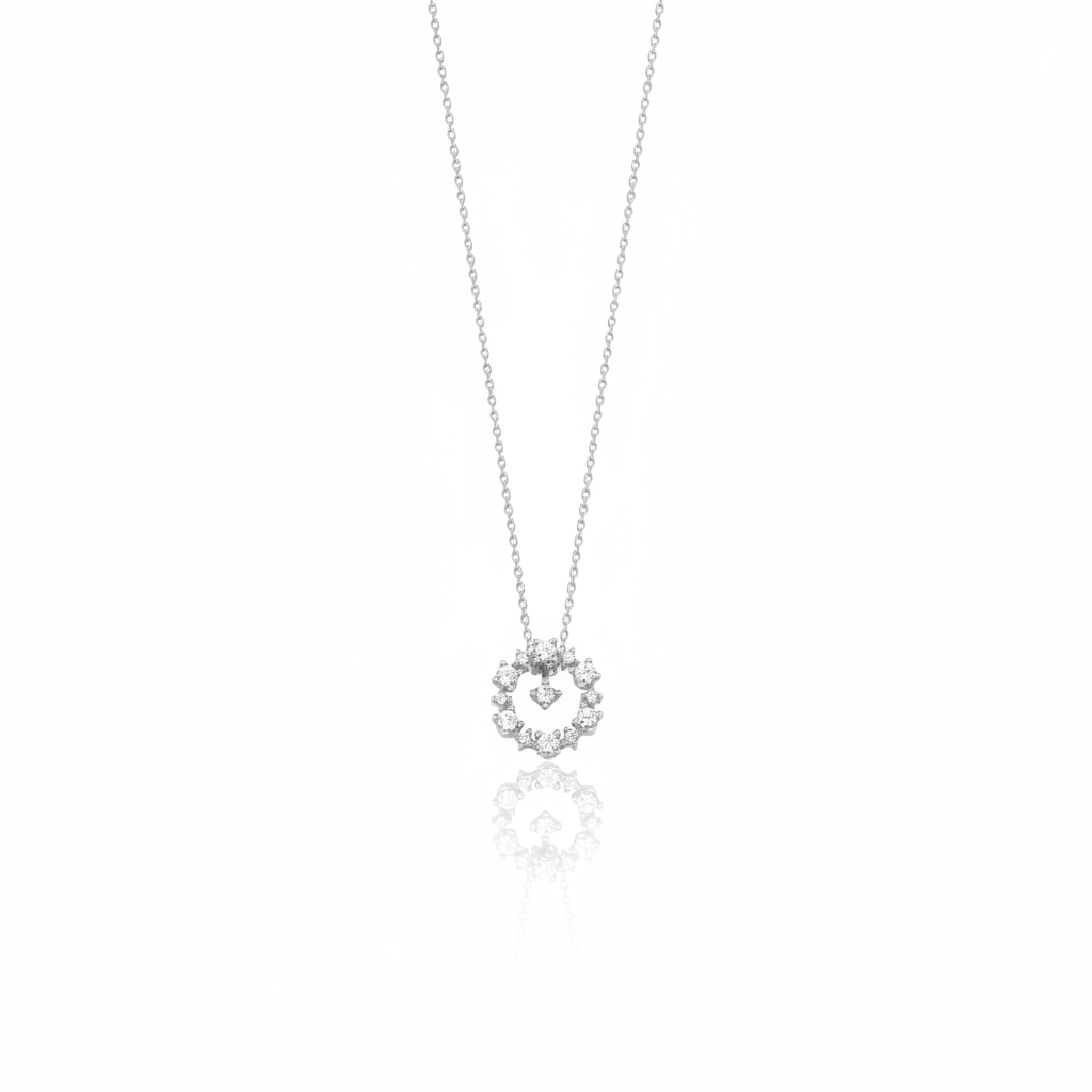 White gold circle pendant necklace with White CZ stones on white background