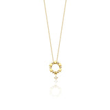 yellow gold circle pendant necklace, reverse side with a polished gold face, on white background