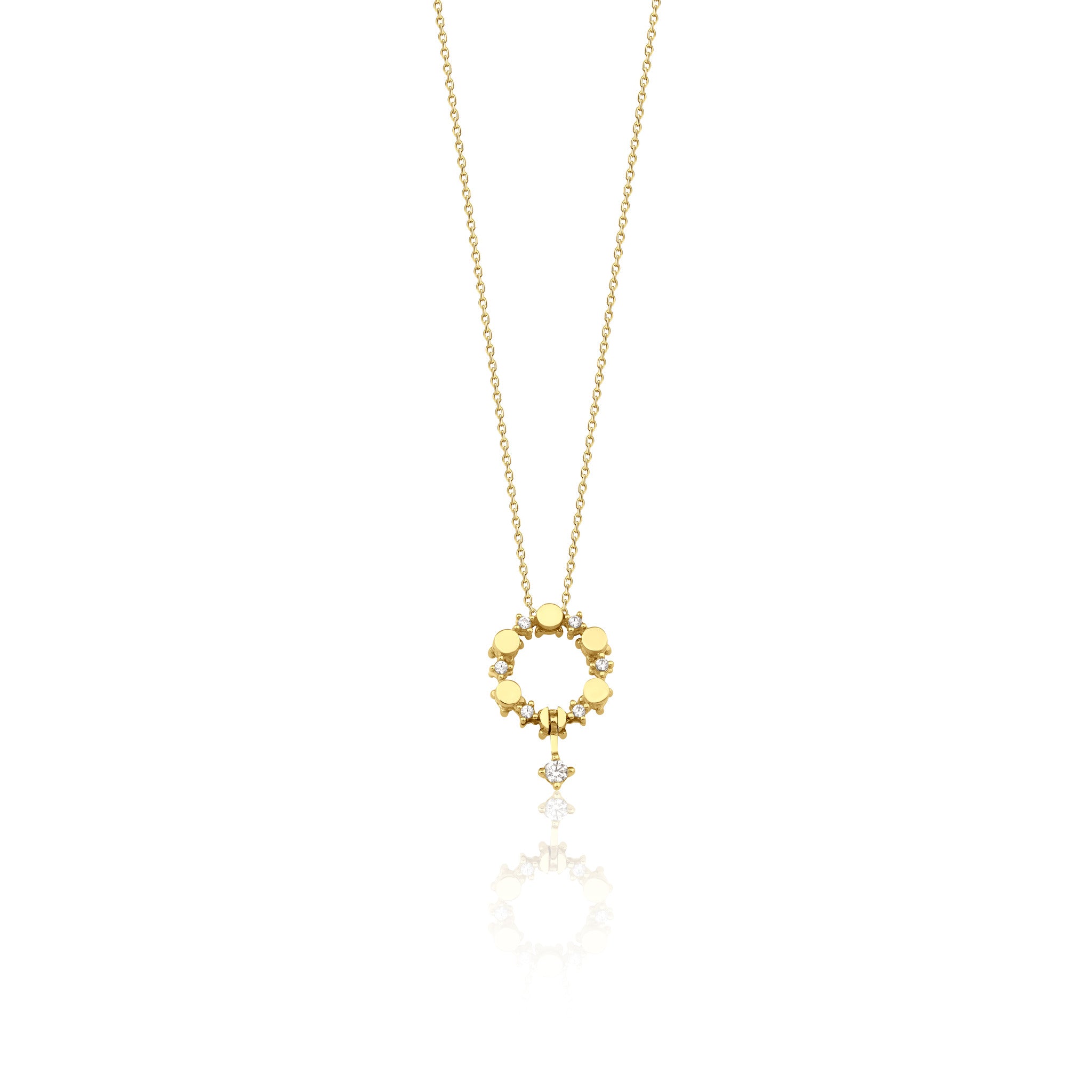 yellow gold circle pendant necklace, reverse side with a polished gold face, on white background