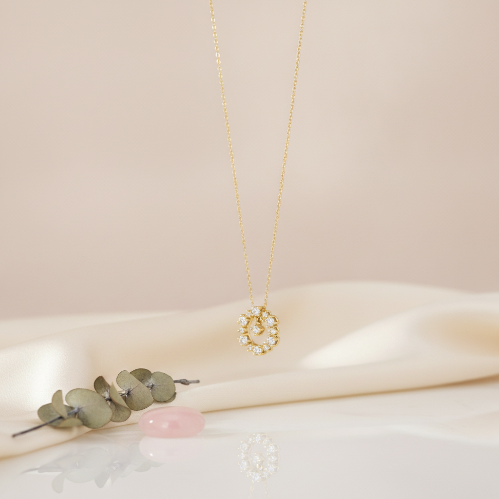 Gold open circle pendant necklace with pave stones and a suspended center drop on a neutral background with dried eucalyptus