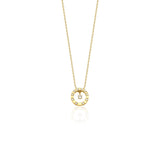 Yellow gold orbit pendant necklace with White CZ stones on white background