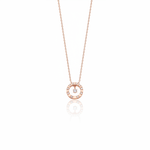 Rose gold orbit pendant necklace with White CZ stones on white background