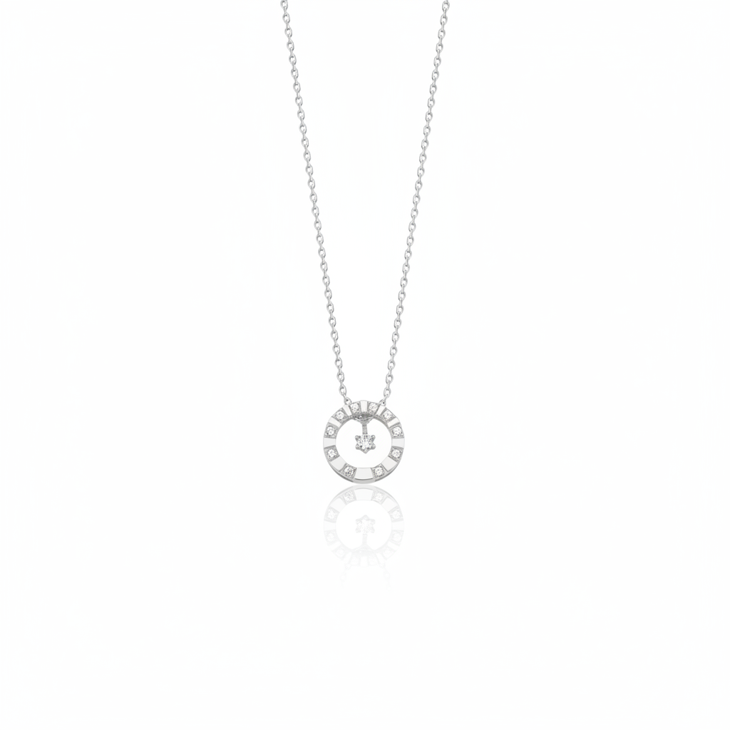 White gold orbit pendant necklace with White CZ stones on white background