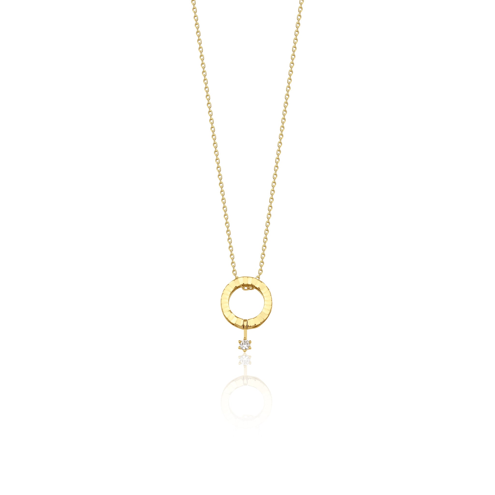 yellow gold orbit pendant necklace, reverse side with a polished gold face, on white background