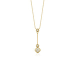 Yellow gold vertical clover drop necklace with White CZ stones on white background