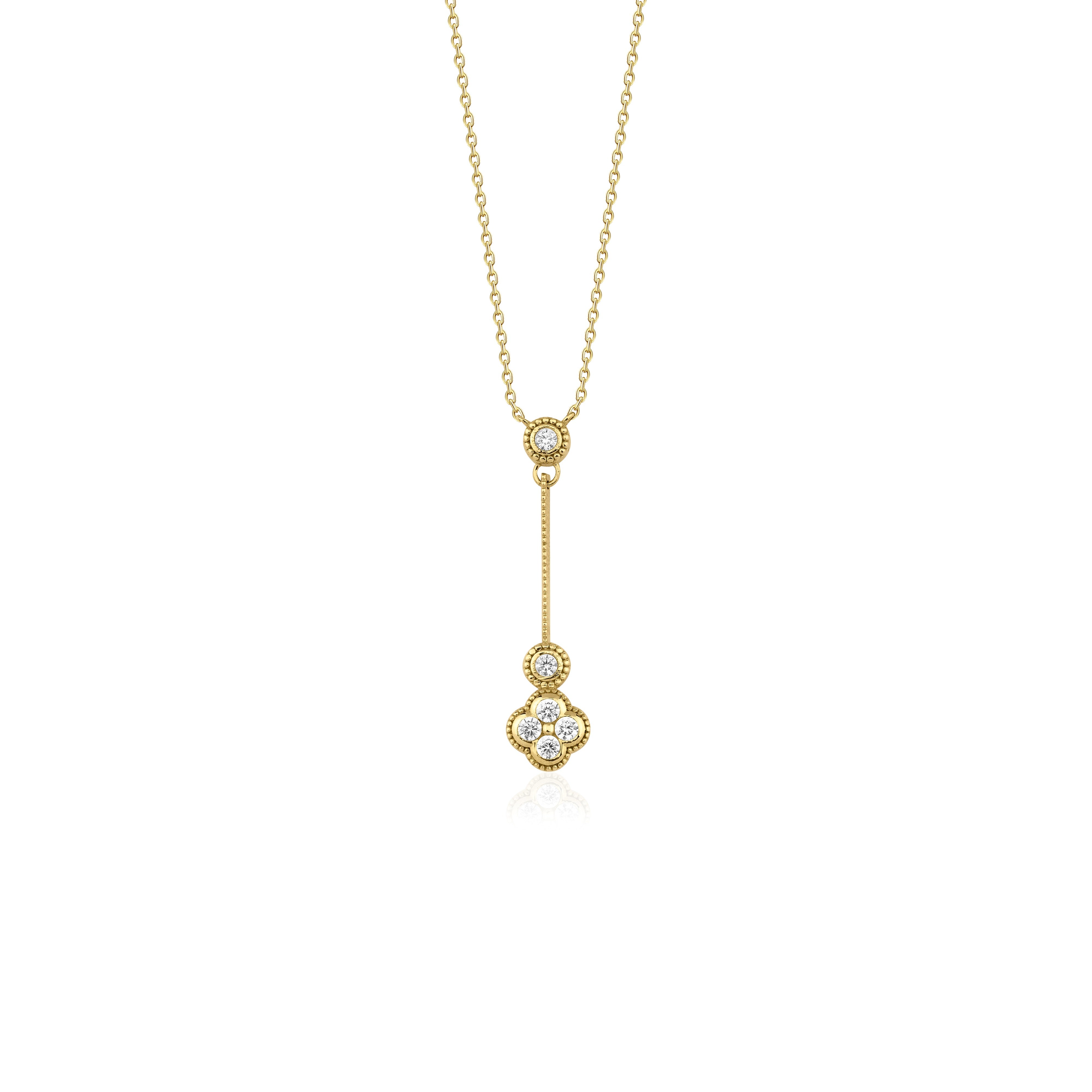 Yellow gold vertical clover drop necklace with White CZ stones on white background