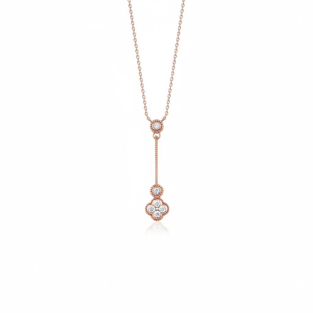 Rose gold vertical clover drop necklace with White CZ stones on white background