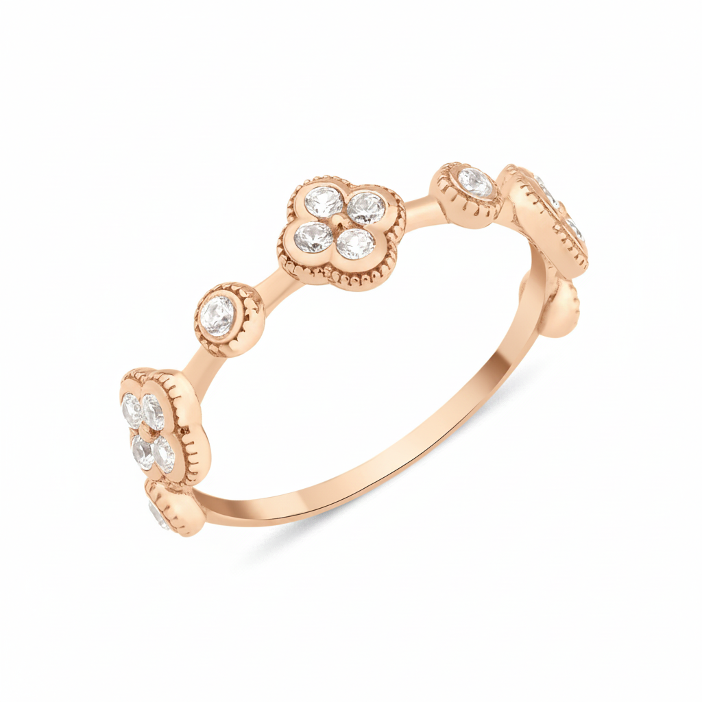Rose gold clover band ring with White CZ stones on white background