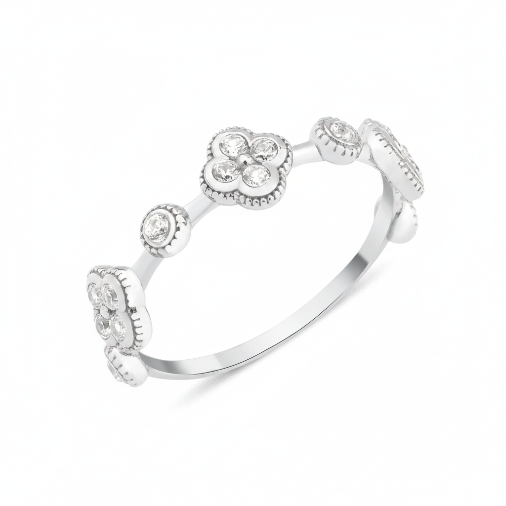 White gold clover band ring with White CZ stones on white background