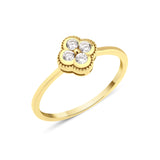 yellow gold four-leaf clover ring with White CZ stones on white background