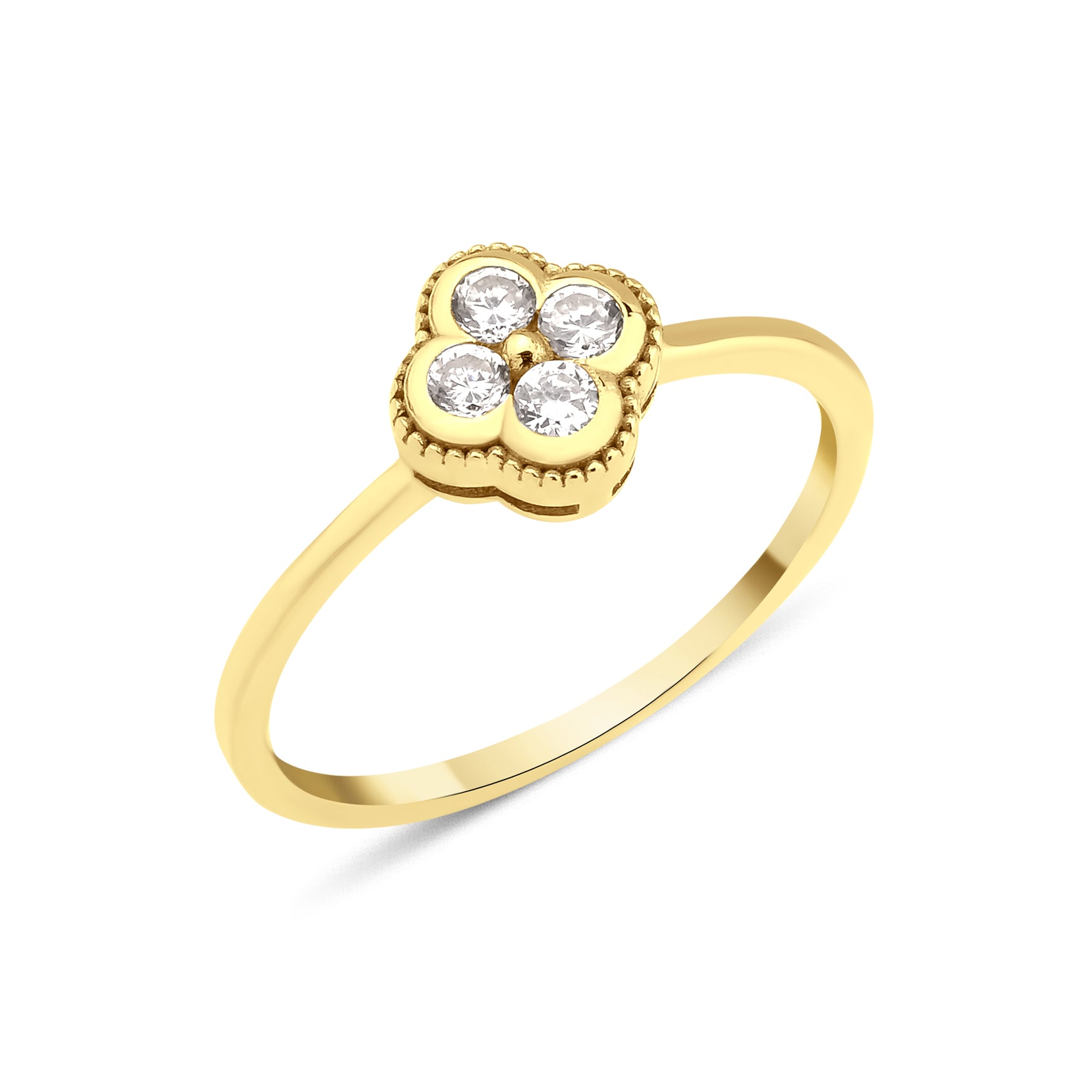 yellow gold four-leaf clover ring with White CZ stones on white background