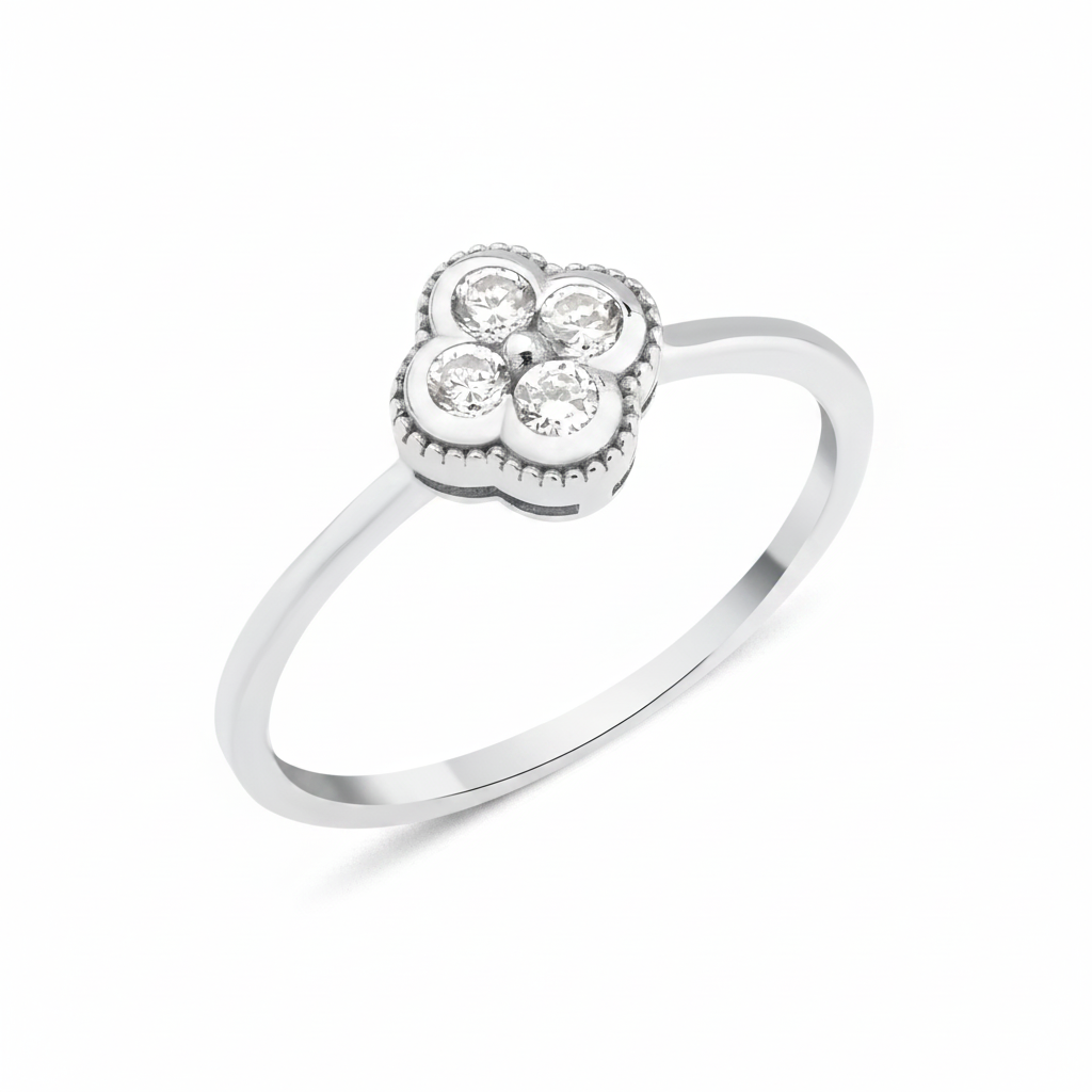 white gold four-leaf clover ring with White CZ stones on white background