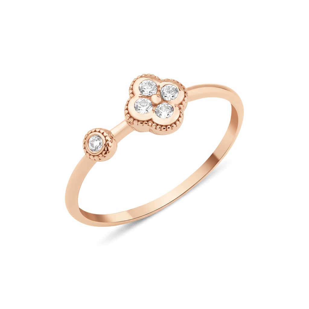 rose gold clover accent ring with White CZ stones on white background