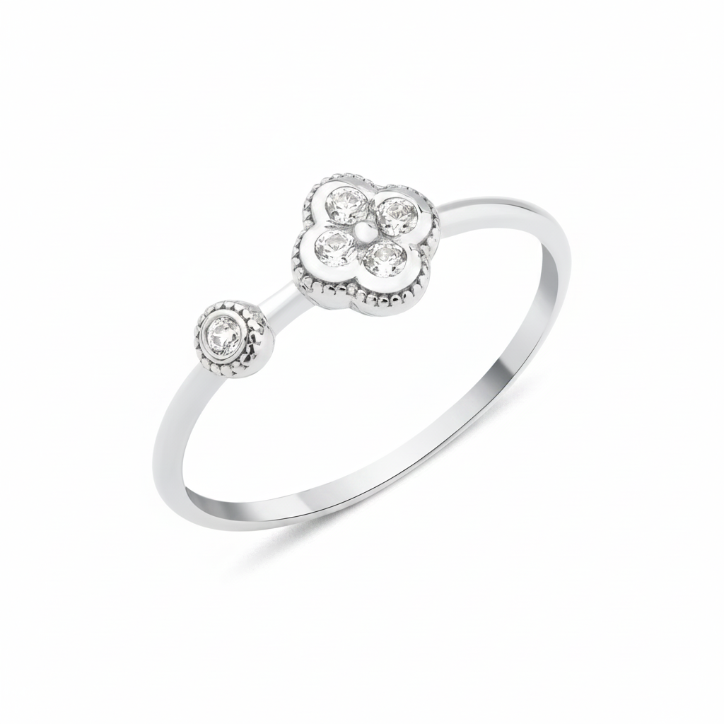 white gold clover accent ring with White CZ stones on white background