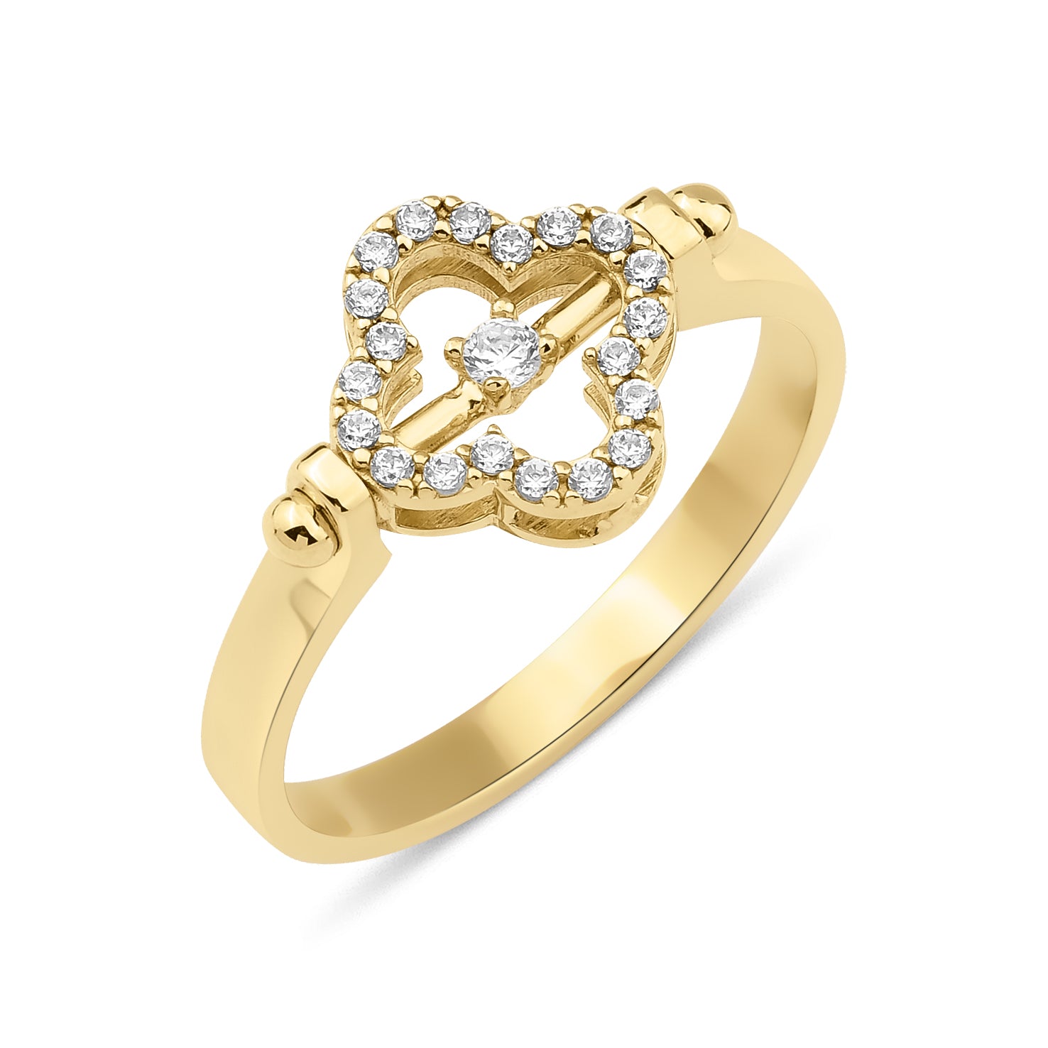 yellow gold quatrefoil bar ring with White CZ stones on white background