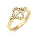 yellow gold quatrefoil bar ring with White CZ stones on white background