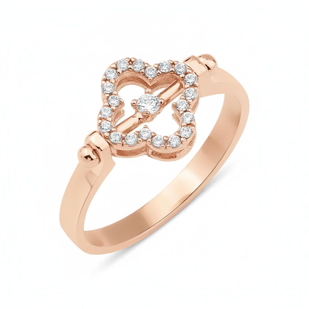 rose gold quatrefoil bar ring with White CZ stones on white background
