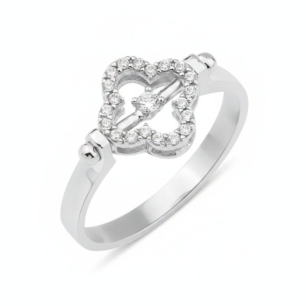 white gold quatrefoil bar ring with White CZ stones on white background