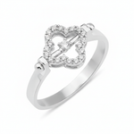 white gold quatrefoil bar ring with White CZ stones on white background