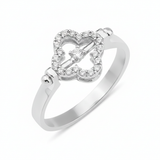 white gold quatrefoil bar ring with White CZ stones on white background