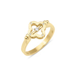 yellow gold quatrefoil bar ring, reverse side with a polished gold face, on white background