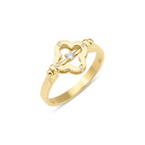 yellow gold quatrefoil bar ring, reverse side with a polished gold face, on white background
