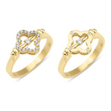 both sides of the yellow gold ring shown side by side, pave face and polished face, on white background