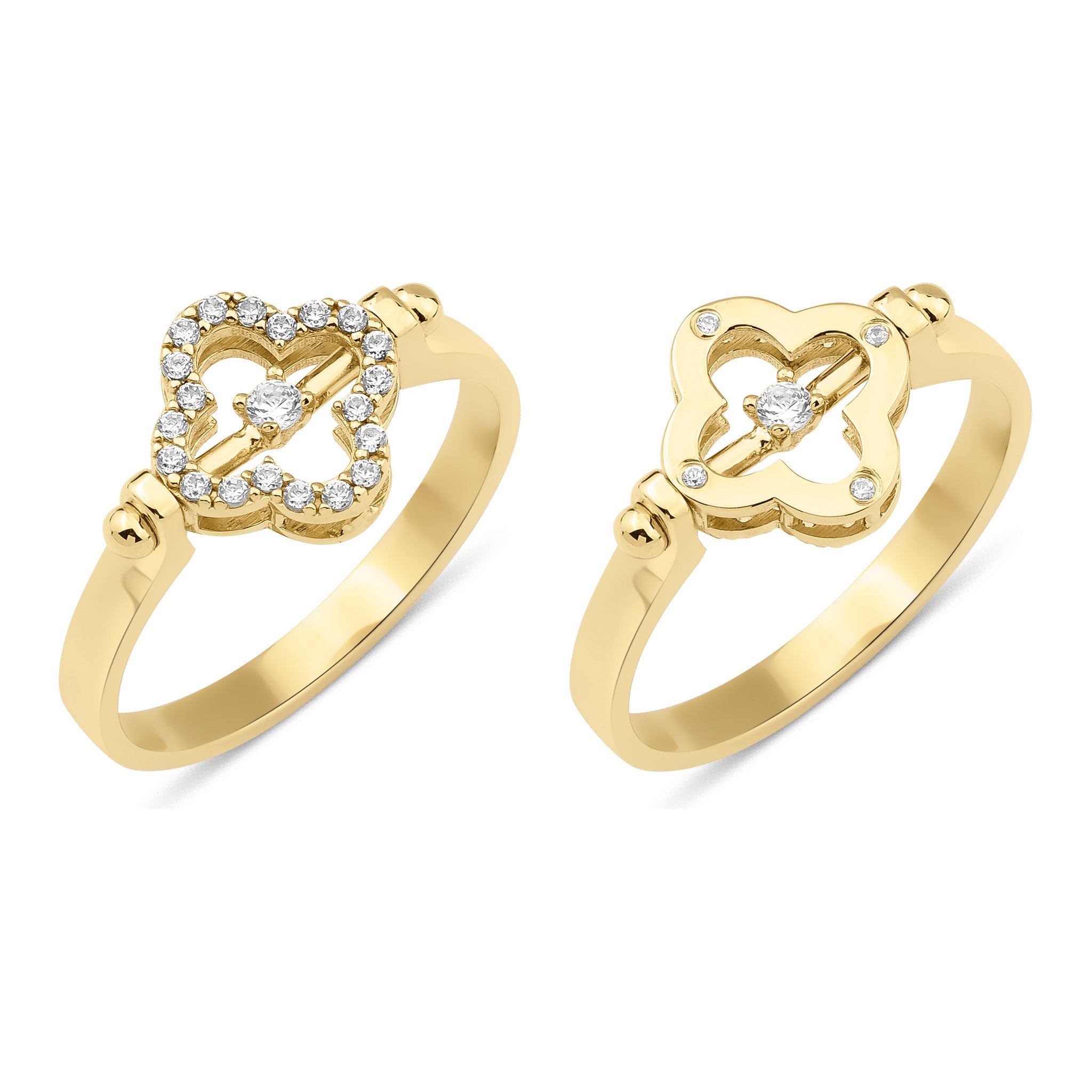 both sides of the yellow gold ring shown side by side, pave face and polished face, on white background