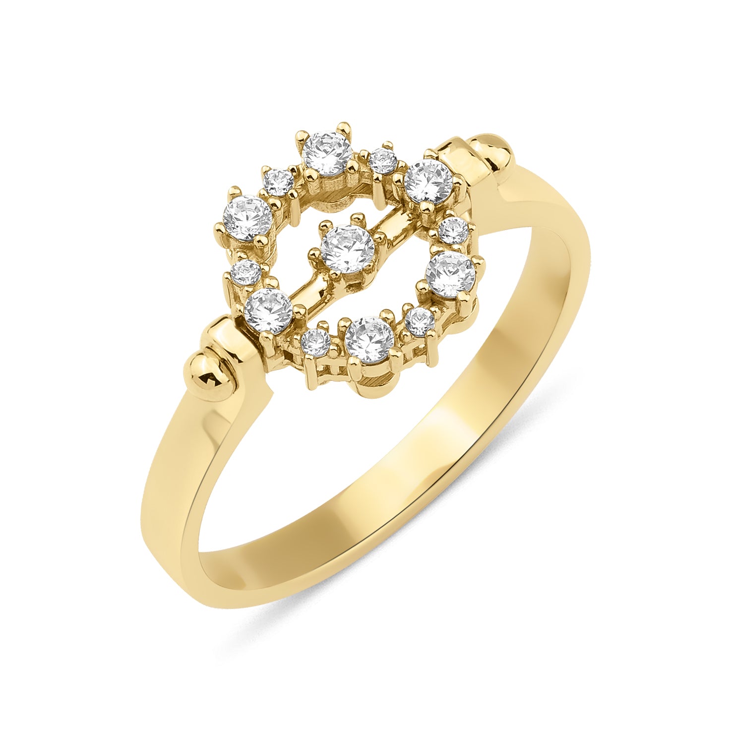 yellow gold open circle ring with White CZ stones on white background