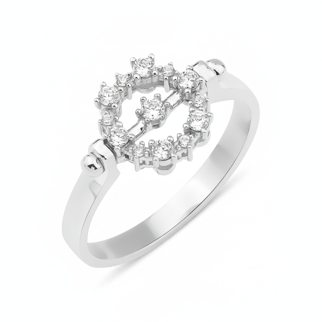 white gold open circle ring with White CZ stones on white background