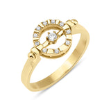 yellow gold wheel halo ring with White CZ stones on white background