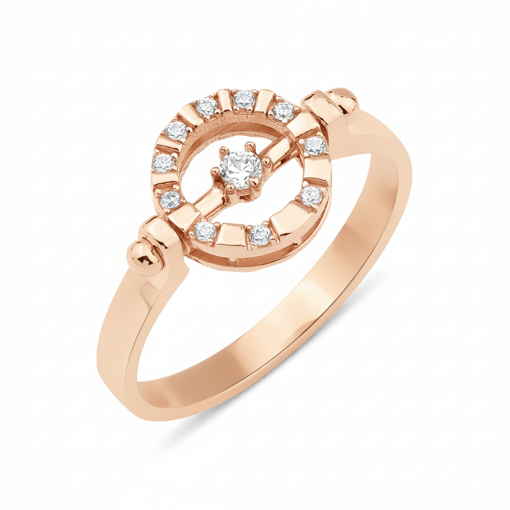 rose gold wheel halo ring with White CZ stones on white background