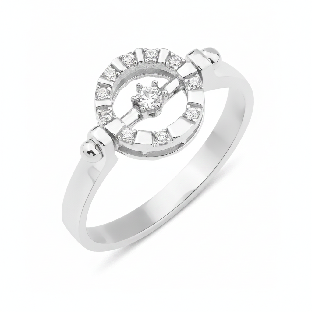 white gold wheel halo ring with White CZ stones on white background