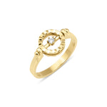 yellow gold wheel halo ring, reverse side with a polished gold face, on white background