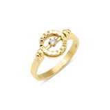 yellow gold wheel halo ring, reverse side with a polished gold face, on white background