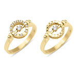 both sides of the yellow gold ring shown side by side, pave face and polished face, on white background