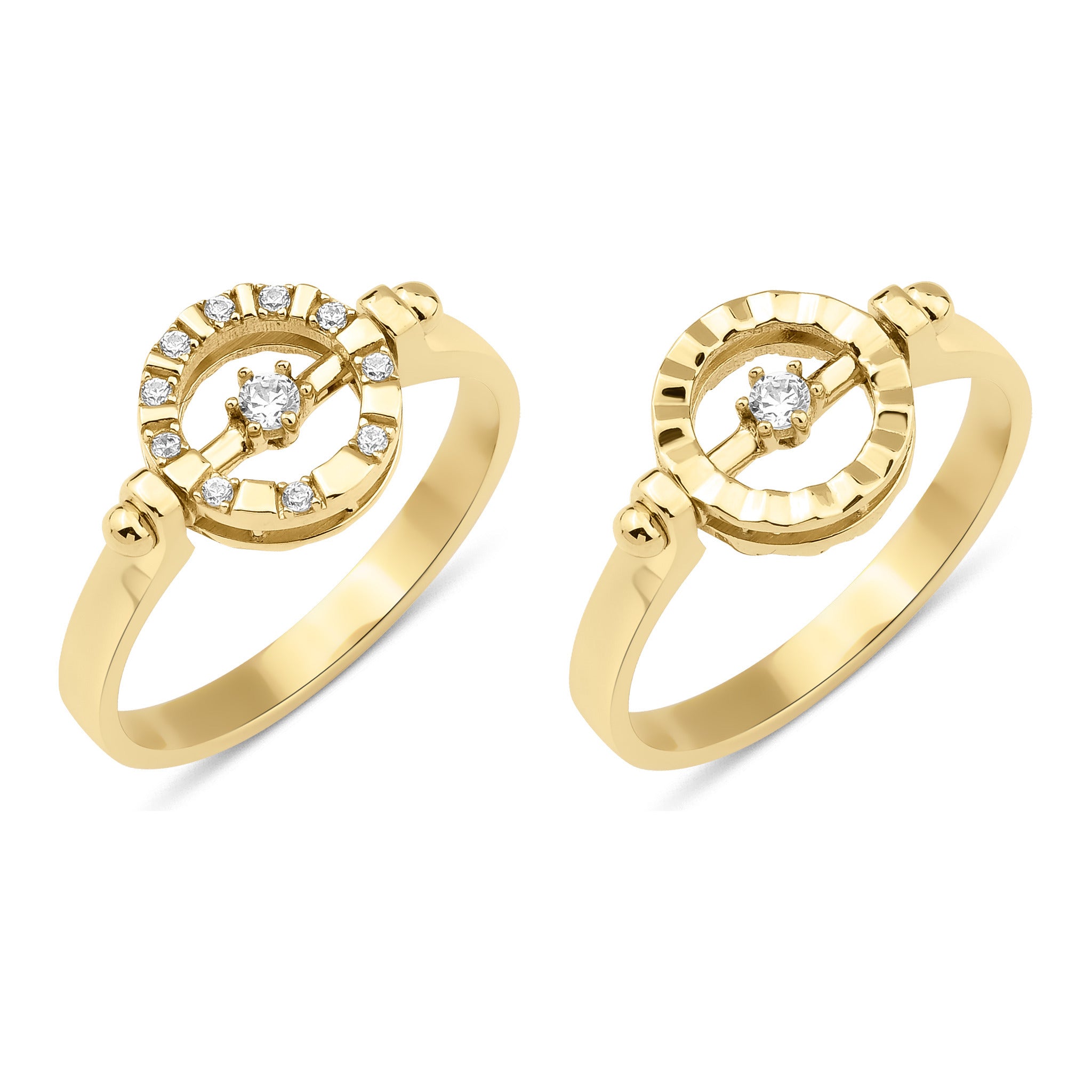 both sides of the yellow gold ring shown side by side, pave face and polished face, on white background