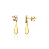 yellow gold petal drop earrings with a pear-cut stone on white background