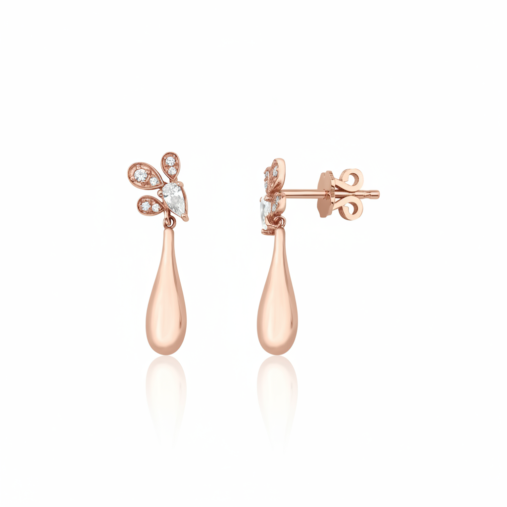 rose gold petal drop earrings with a pear-cut stone on white background
