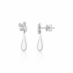 white gold petal drop earrings with a pear-cut stone on white background