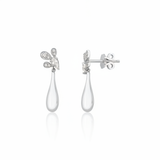 white gold petal drop earrings with a pear-cut stone on white background