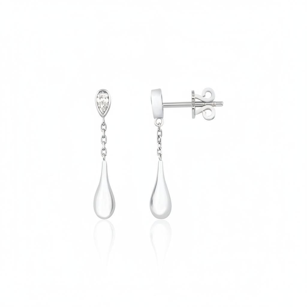 white gold chain teardrop earrings with a pear-cut stone on white background