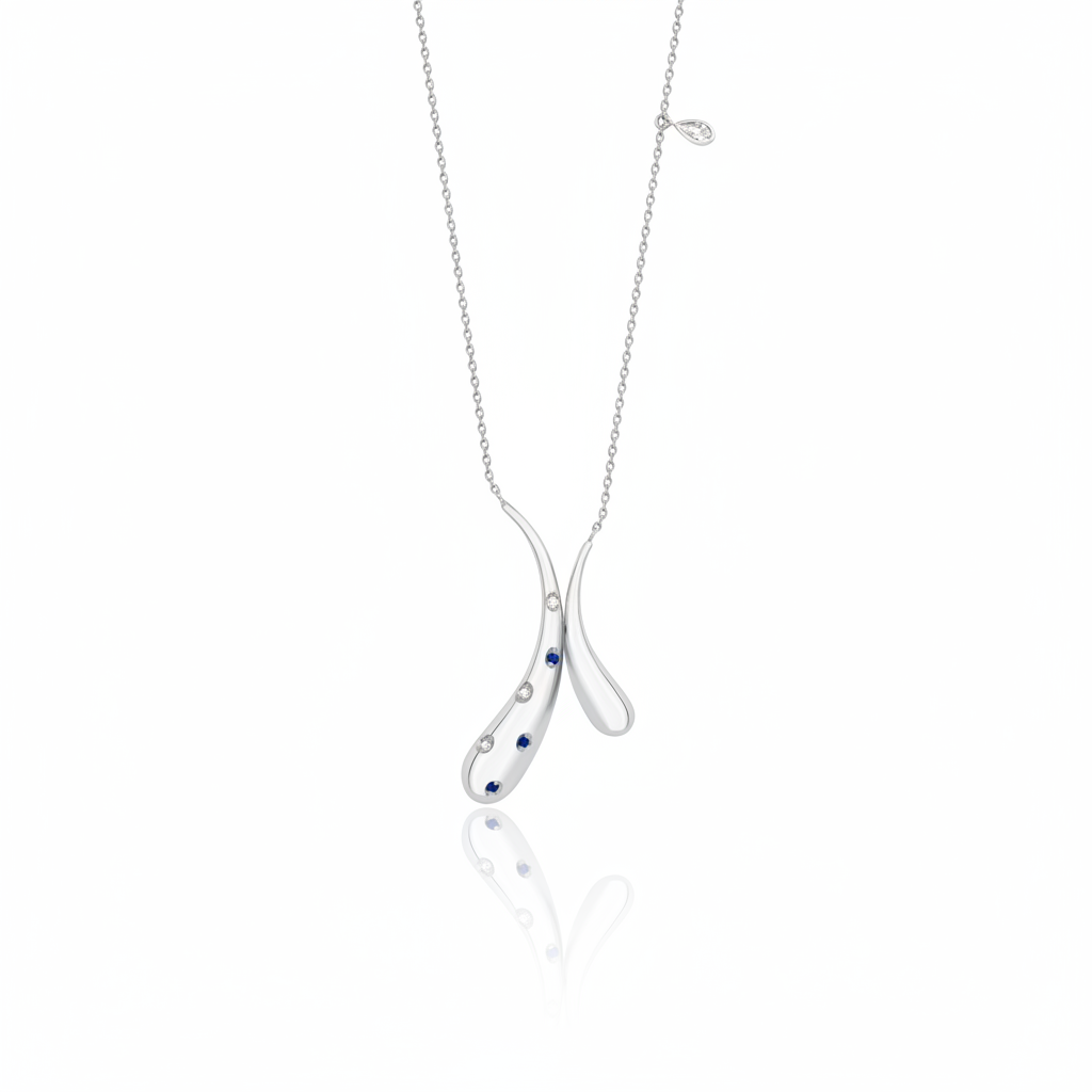 white gold crossed teardrop pendant necklace on white background