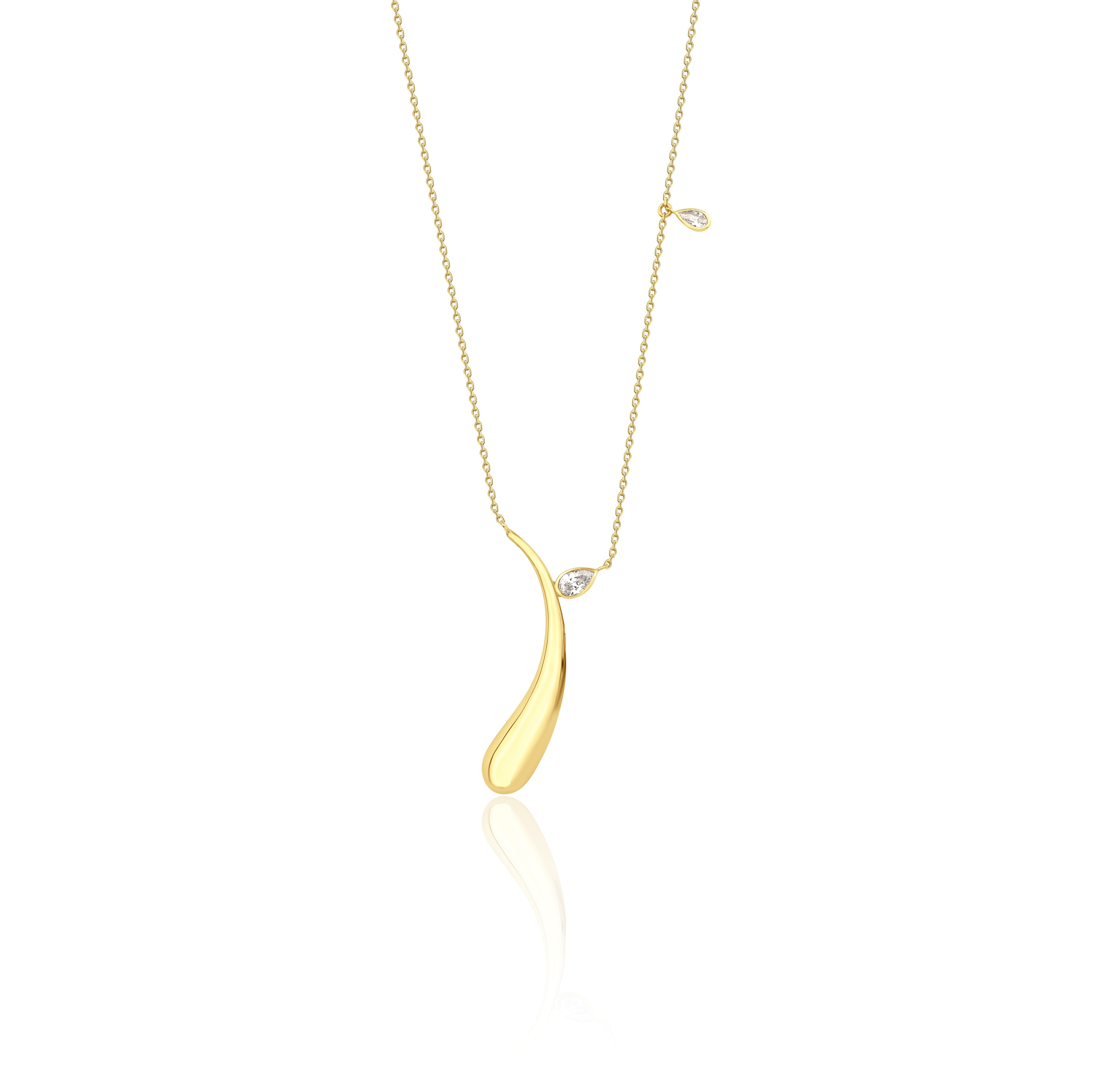 yellow gold curved teardrop pendant necklace on white background