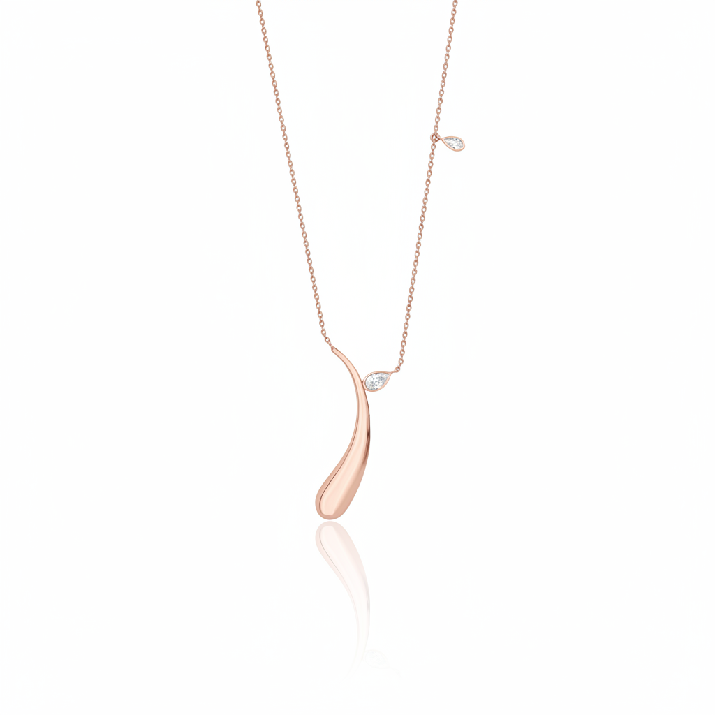 rose gold curved teardrop pendant necklace on white background
