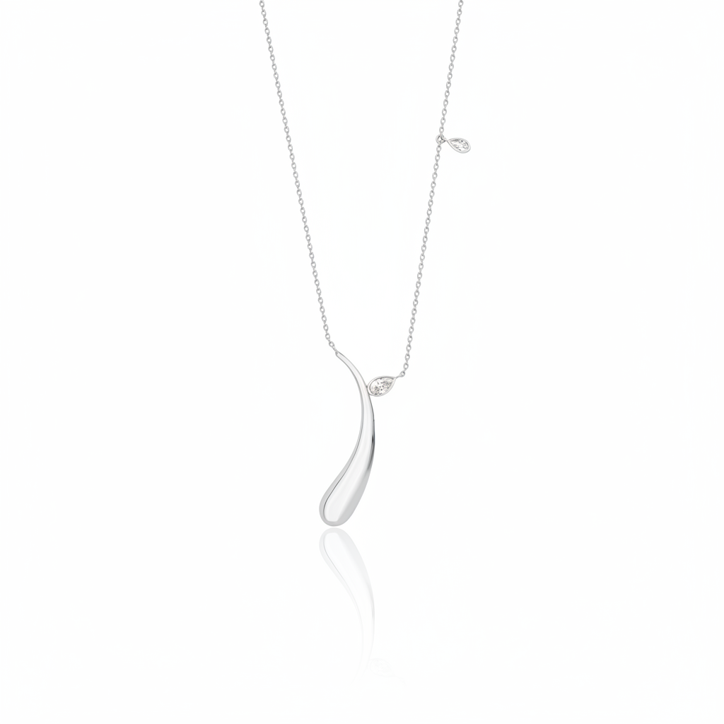 white gold curved teardrop pendant necklace on white background