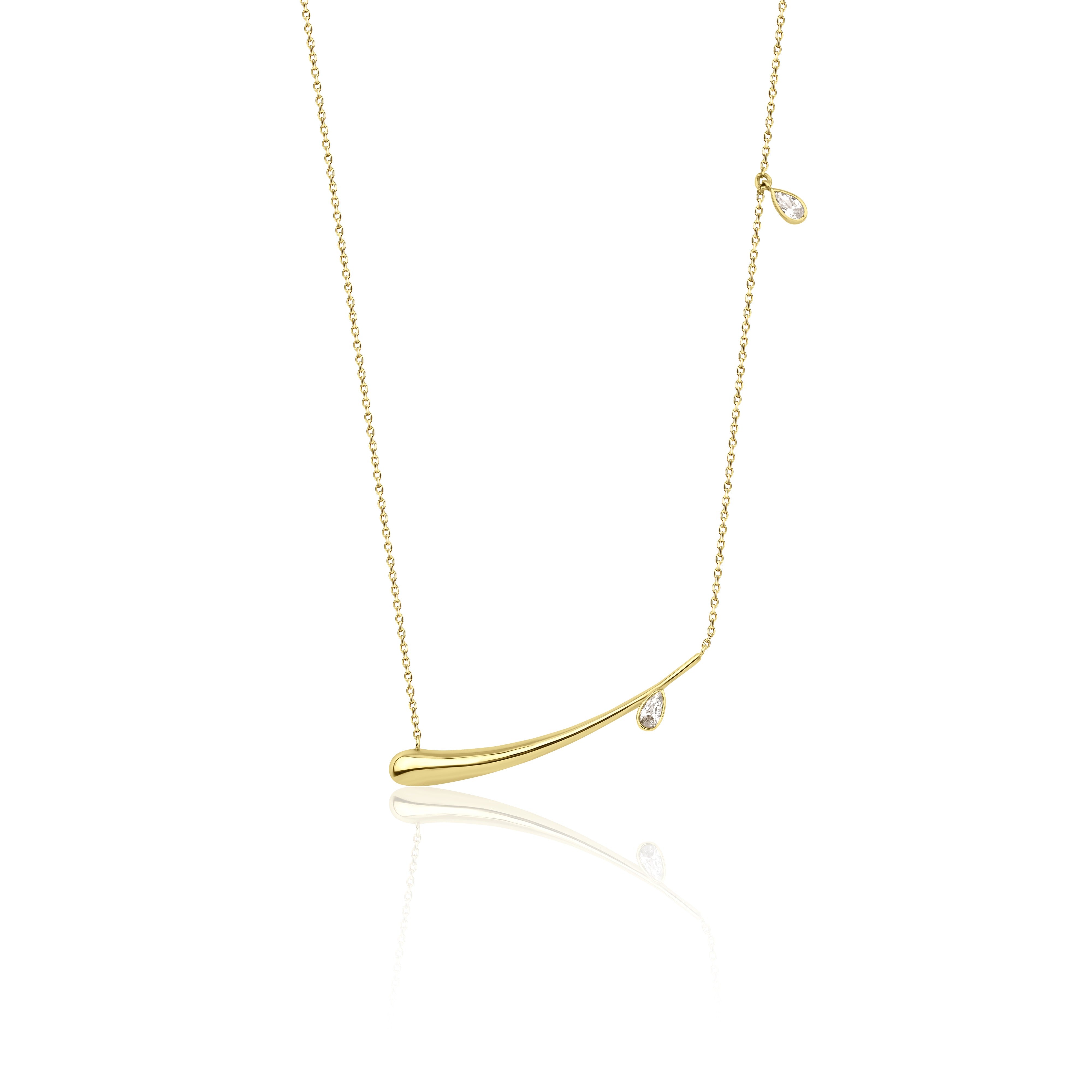 yellow gold horizontal teardrop bar necklace on white background